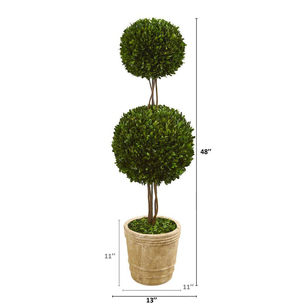 Nearly Natural 4 ft. Preserved Boxwood Double Ball Artificial Topiary Tree in Planter