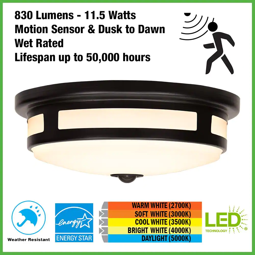 Hampton Bay 11 in. Round Black Exterior Outdoor Motion Sensing  LED Ceiling Light 5 Color Temperature Options Wet Rated 830 Lumens