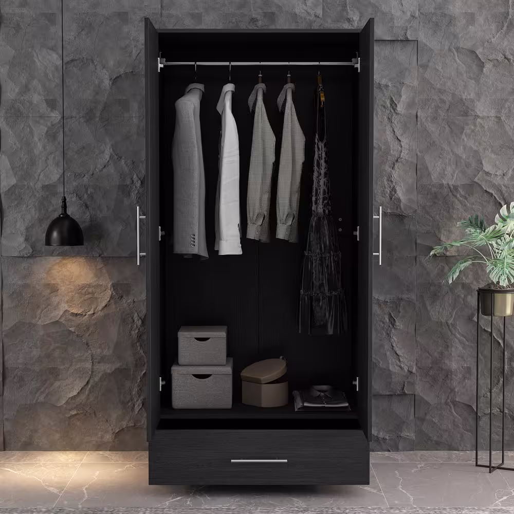 FUFU&GAGA Black 2-Door Wardrobe Armoire with 1-Drawers and Hanging Rod 66.9 in. H x 31.5 in. W x 18.9 in. D