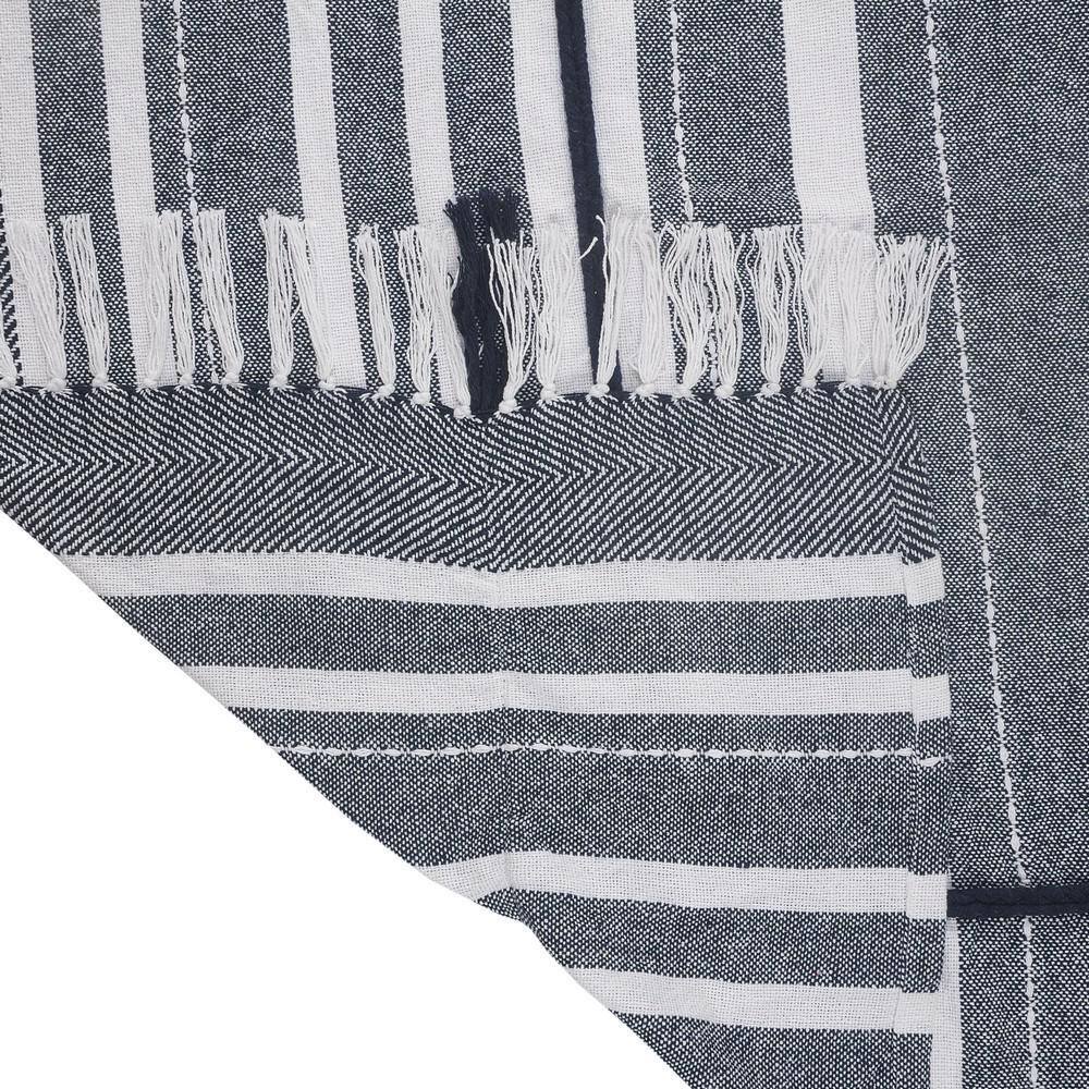 LR Home Gemma Textured Navy Blue/White Horizontal Striped Cotton Throw Blanket with Fringe