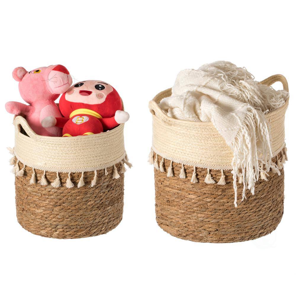 Vintiquewise Brown Decorative Round Storage Basket with Woven Handles for the Playroom, Bedroom, and Living Room (Set of 2)