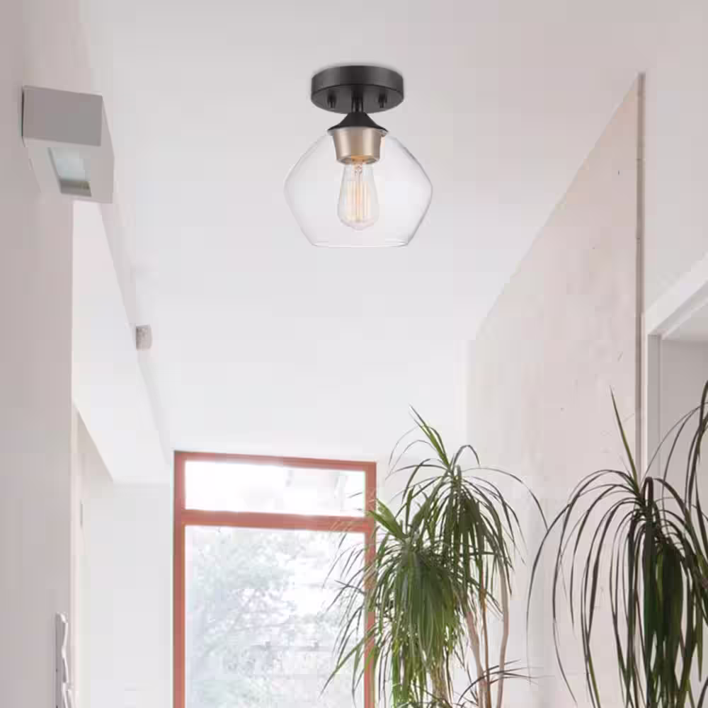 Globe Electric Harrow 1-Light Matte Black Semi-Flush Mount Ceiling Light with Gold Accent Socket and Clear Glass Shade