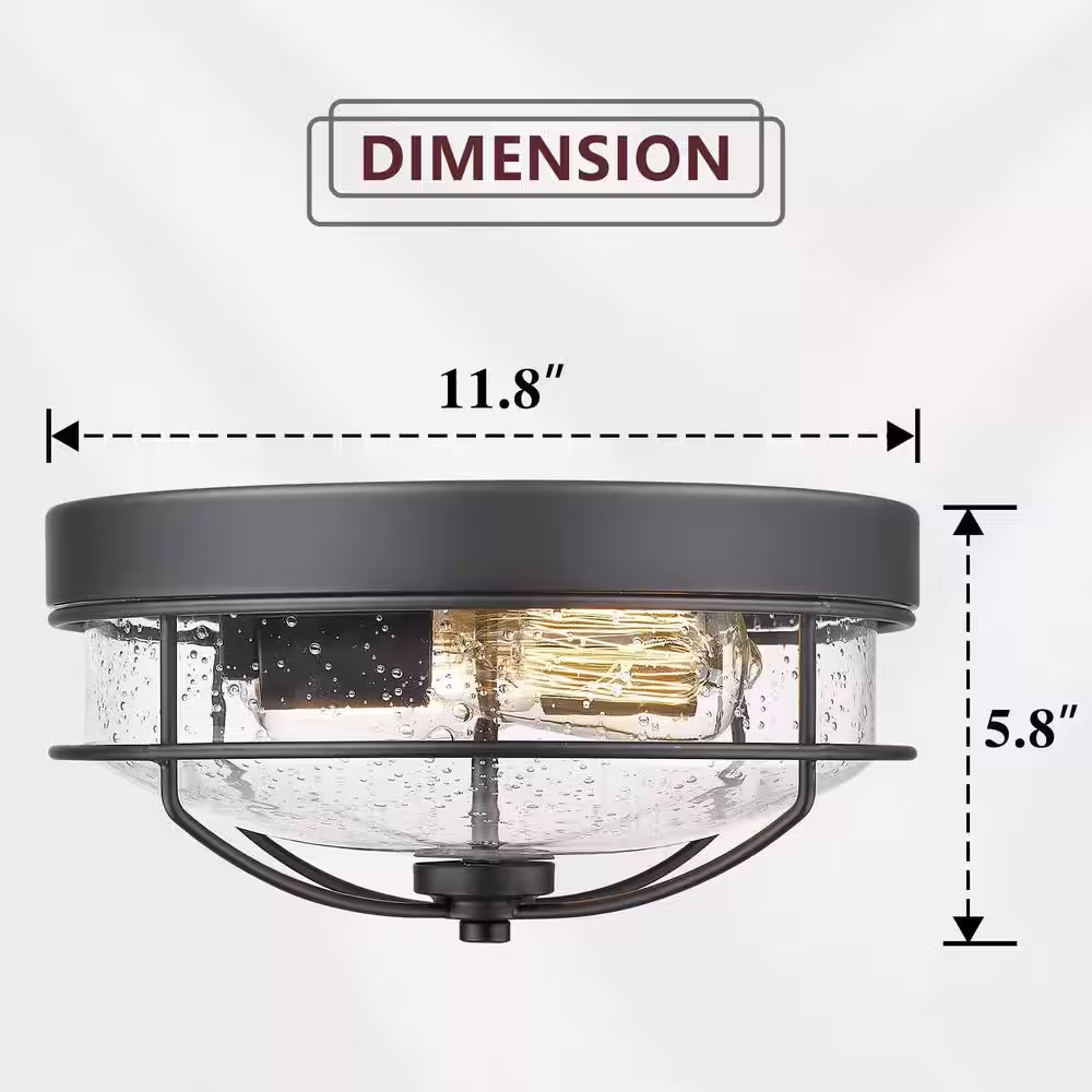 JAZAVA 12 in. 2-Light Farmhouse Black Ceiling Light Fixture with Seeded Glass Shade Flush Mount