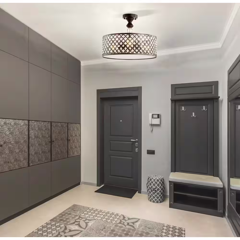 JONATHAN Y Elise 17 in. 3-Light Crystal/Metal Drum Semi-Flush Mount, Black