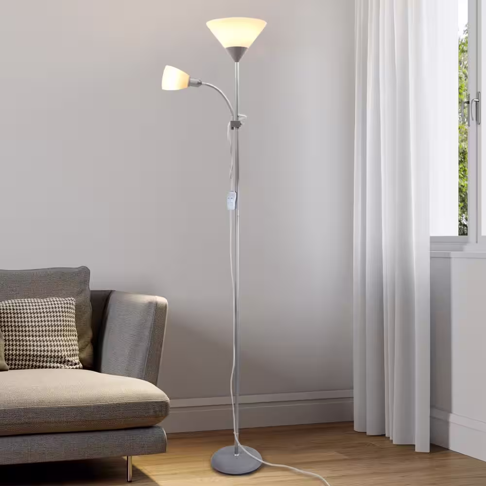 Depuley 70 in. Silver Torchiere Floor Lamp with 1 Reading Light, Standing Pole Light for Living Room