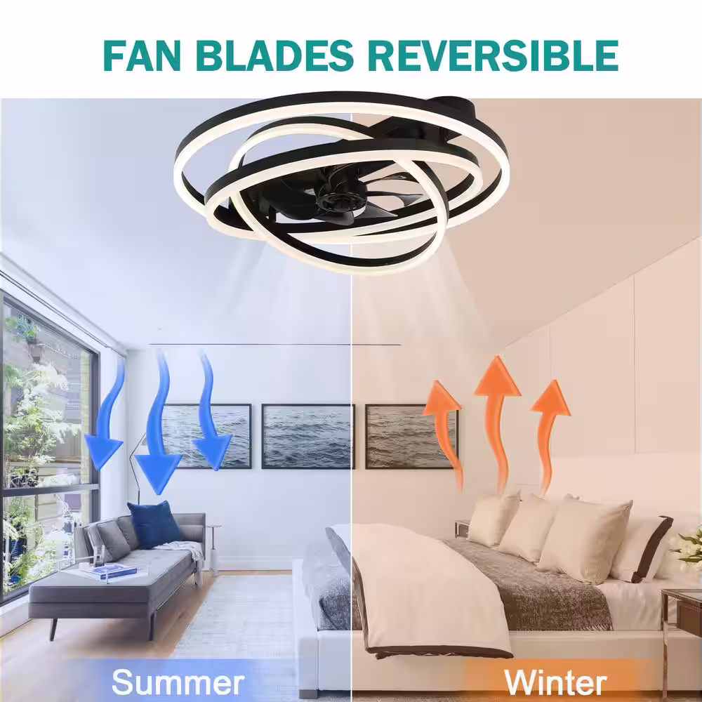 Oaks Aura Becca 24 in. DIY Shade LED Indoor Black Smart APP Control Modern Flush Mount Ceiling Fan with Light, Remote Included