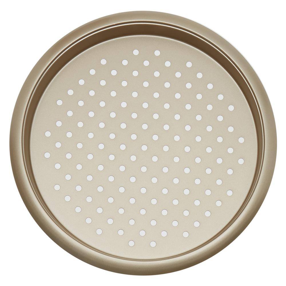 Home Basics Aurelia Non-Stick 13.75 in. x 1 in. Carbon Steel Perforated Pizza Pan, Gold
