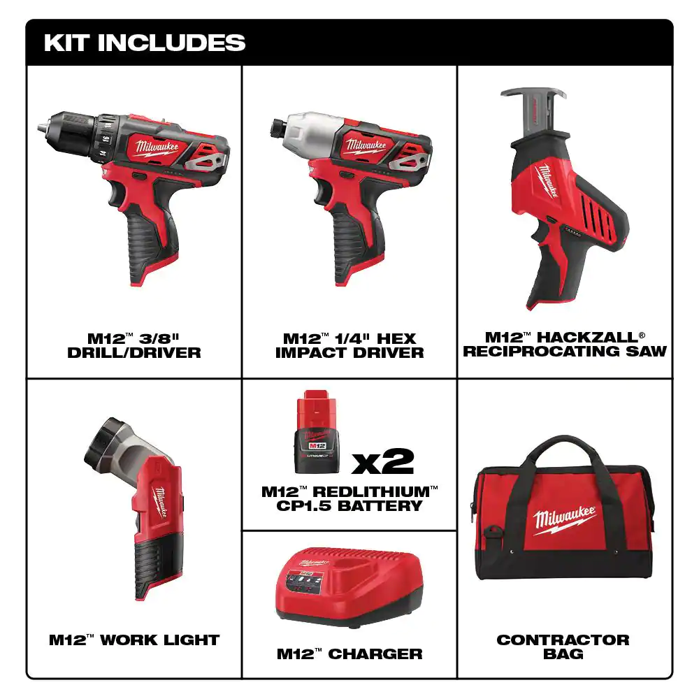 Milwaukee M12 12V Lithium-Ion Cordless Combo Tool Kit with Two 1.5 Ah Batteries, 1 Charger, 1 Tool Bag (4-Tool)