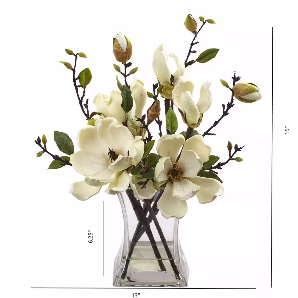 Nearly Natural 15 in. Artificial Magnolia Arrangement with Vase