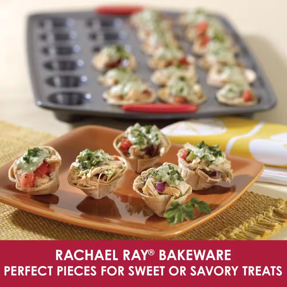 Rachael Ray Yum-o, Nonstick Bakeware 24-Cup Oven Lovin Mini Muffin Pan, Gray with Red Handles