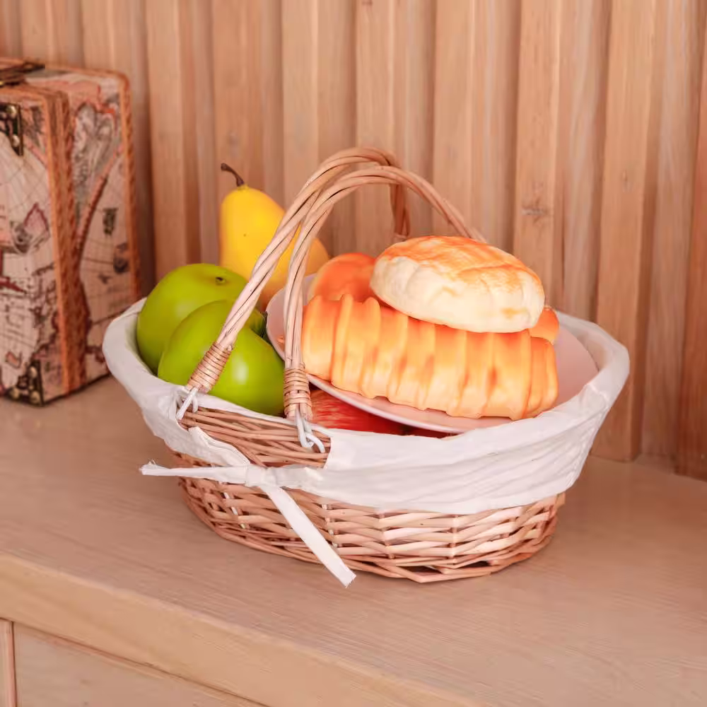 Vintiquewise 13 in. x 10.25 in. x 4.75 in. Oval Willow Basket with Double Drop Down Handles and White Lining