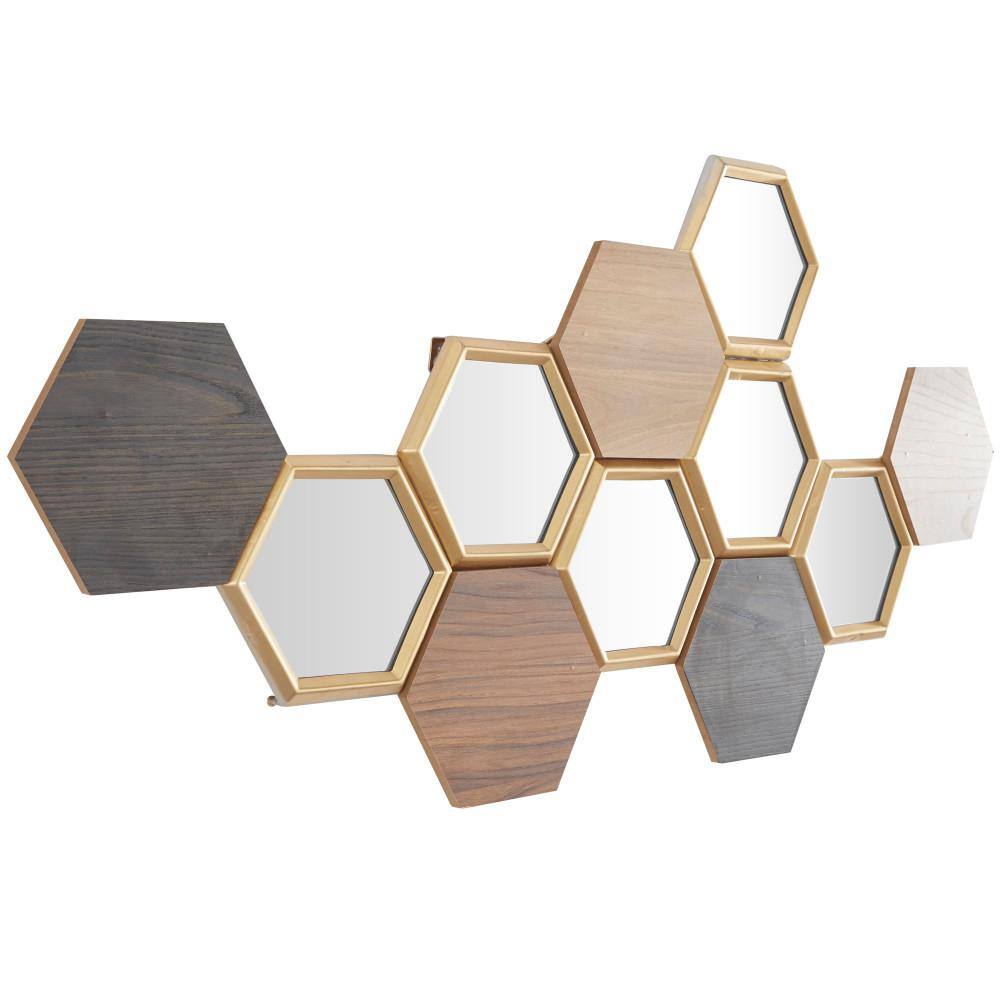 CosmoLiving by Cosmopolitan Wood Brown Honeycomb Geometric Wall Decor with Mirrors