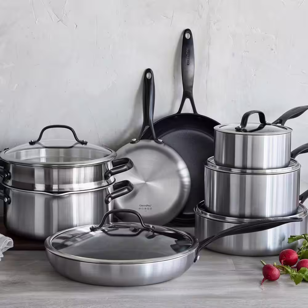 GreenPan Venice Pro Noir Tri-Ply Stainless Steel Healthy Ceramic Nonstick 13 Piece Cookware Pots and Pans Set