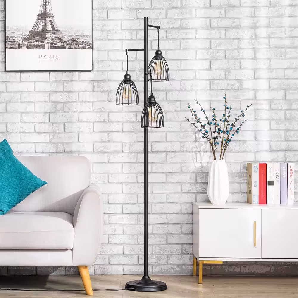 Merra 67 in. 3-Light Black Industrial Floor Lamp with Hanging Cage Shades