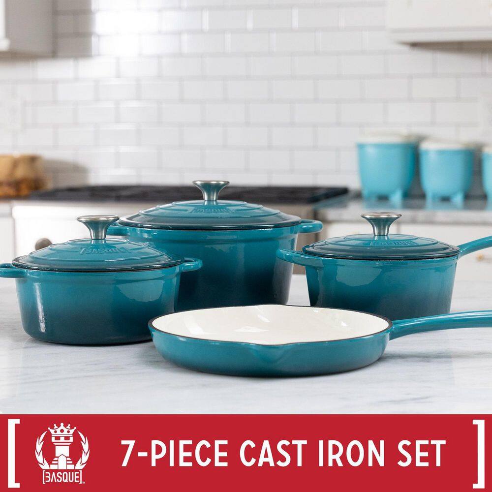 None 7-Piece Enameled Cast Iron Nonstick Cookware Set in Biscay Blue