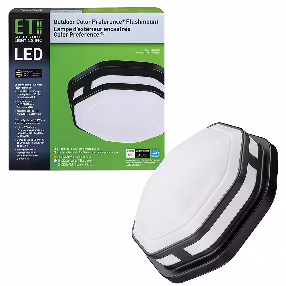 ETi 11 in. 1-Light Black Octagon LED Indoor Outdoor Flush Mount Porch Deck Light 830 Lumens 3000K 4000K 5000K (6-Pack)