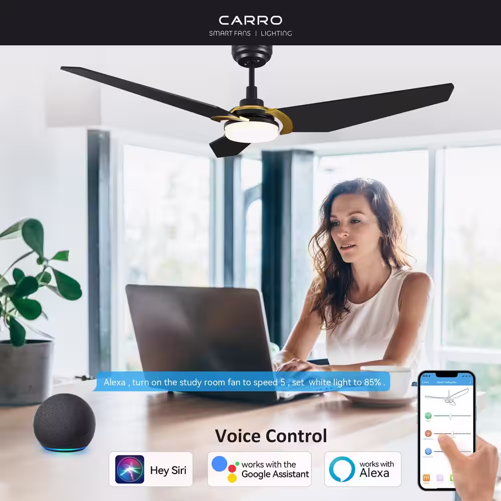 CARRO Brently 56 in. Dimmable LED Indoor/Outdoor Black Smart Ceiling Fan with Light and Remote, Works w/ Alexa/Google Home