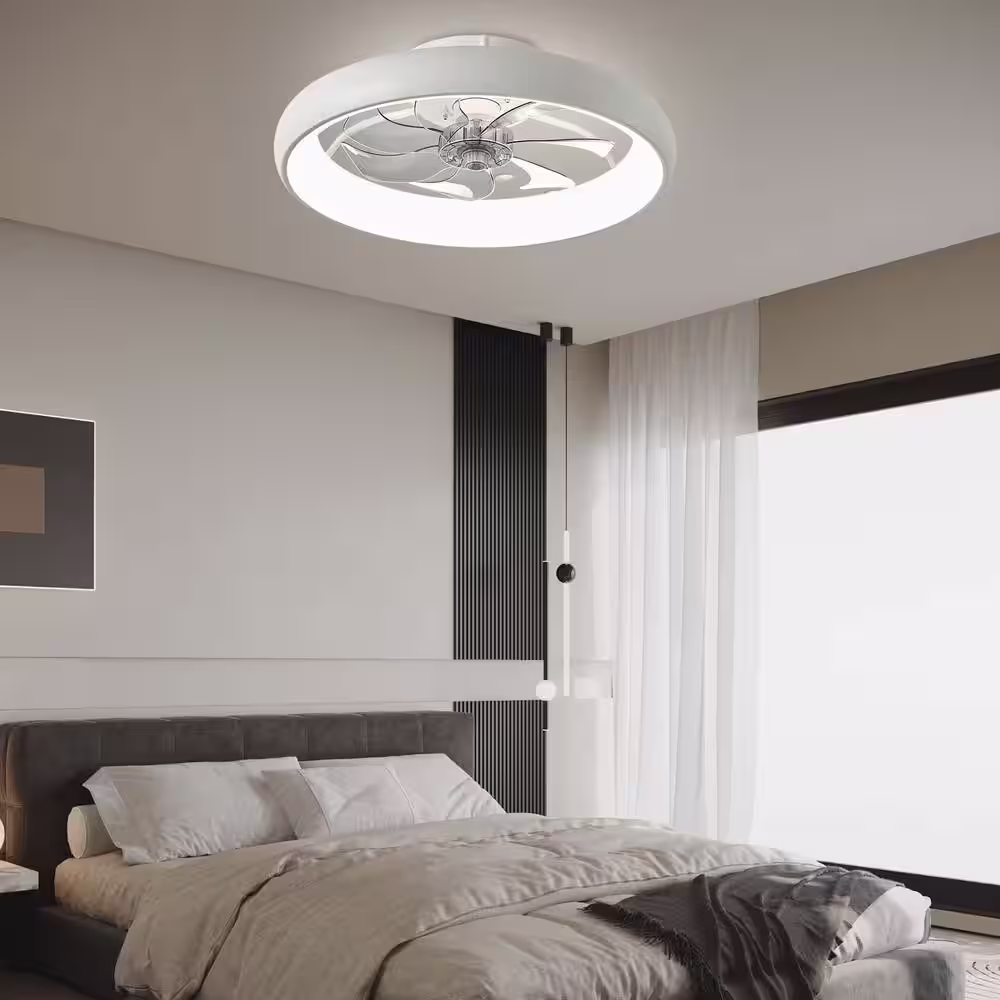 None 20 in. LED Indoor White Bladeless App Control Low Profile Ceiling Fan with Light Semi Flush Mount Bedroom Lighting