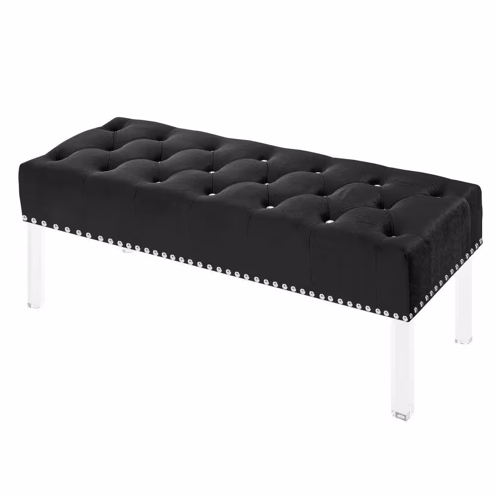 Benjara Black Velvet Upholstered Buttoned Bench 18.75 in. L x 49 in. W x 19 in. H