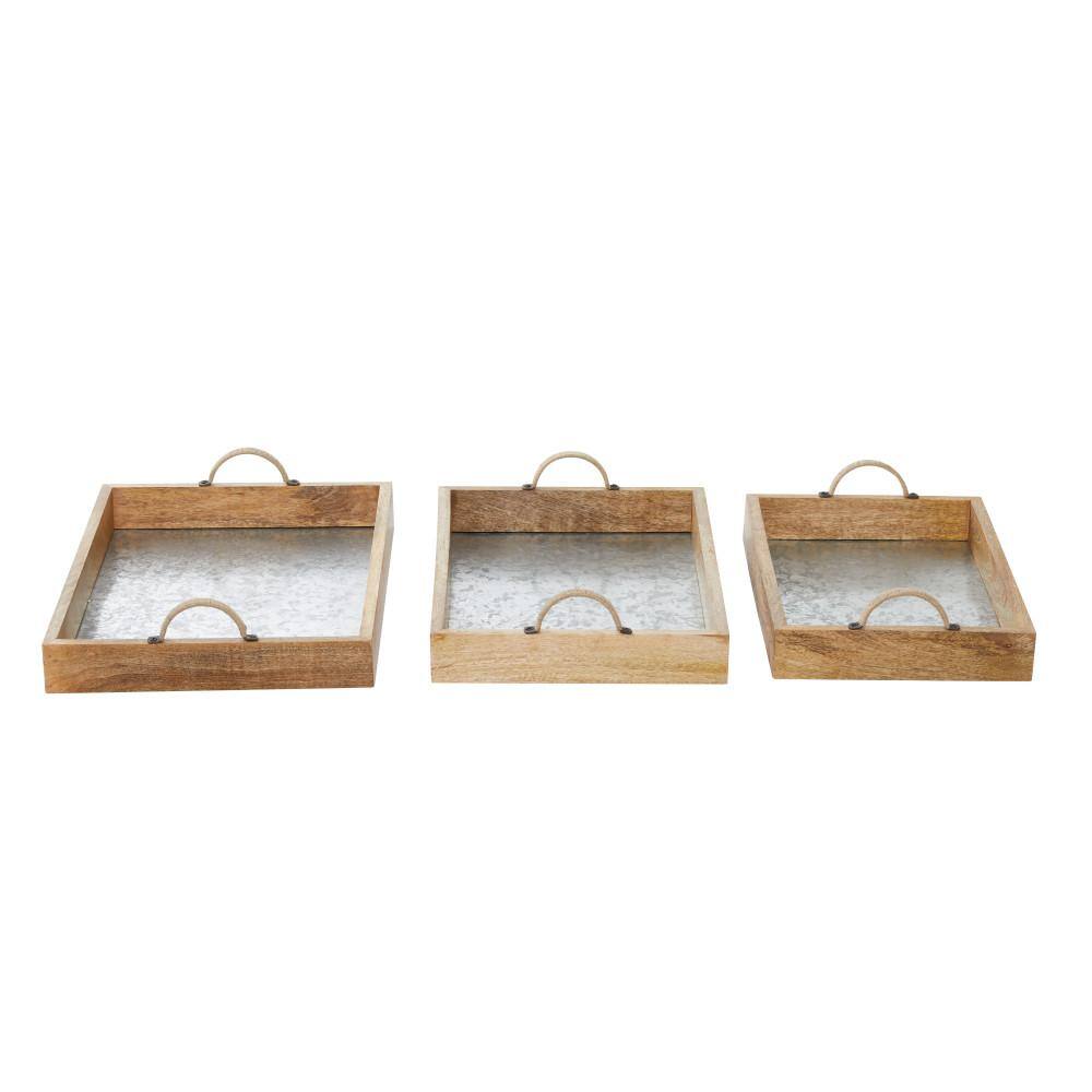 None Brown Wood Decorative Tray with Galvanized Interior (Set of 3)