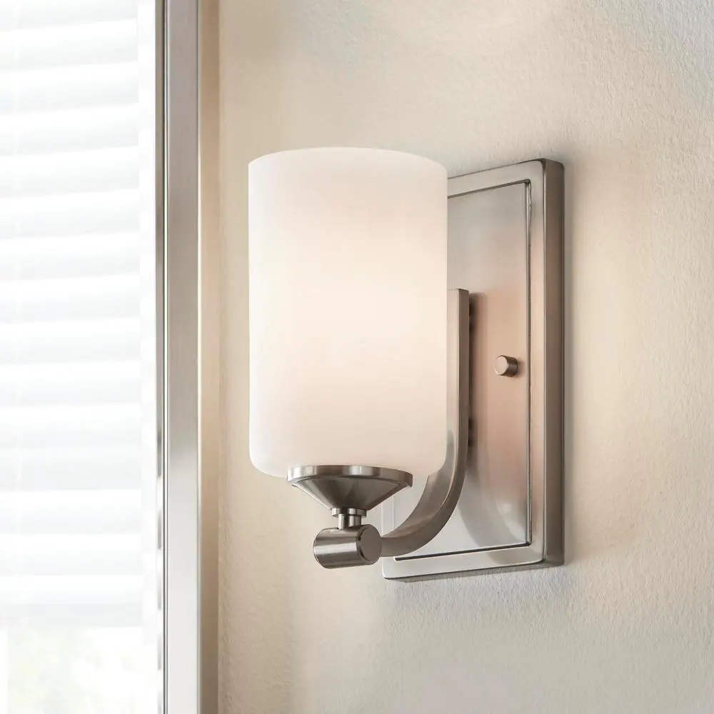 Hampton Bay 1-Light Brushed Nickel Wall Sconce with Frosted Opal Glass Shade