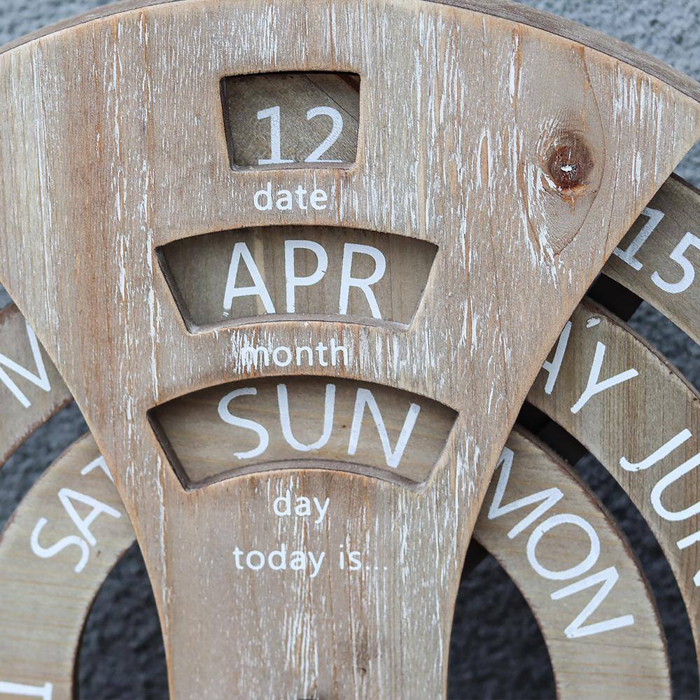 None Farmhouse Rustic Brown Wood Wall Mounted Spin Perpetual Calendar Decorative Sign