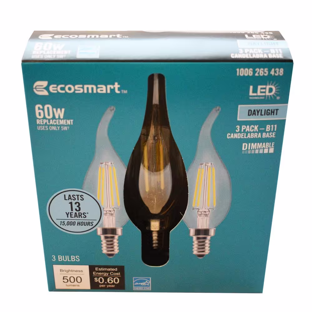 EcoSmart 60-Watt Equivalent B11 Dimmable E12 Candelabra Flame Bent Tip Clear Glass LED Vintage Edison Light Bulb Daylight(3-Pack)