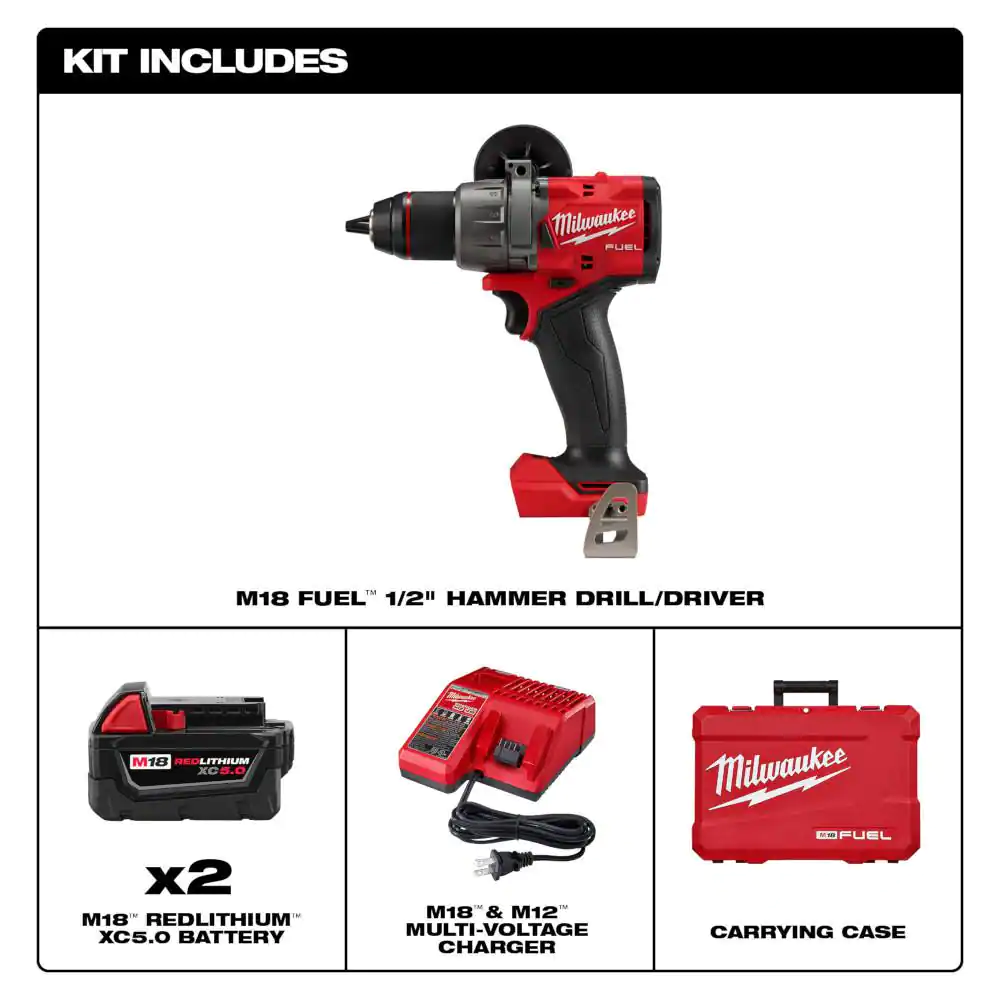 Milwaukee M18 FUEL 18V Lithium-Ion Brushless Cordless 1/2 in. Hammer Drill Driver Kit with Two 5.0 Ah Batteries and Hard Case