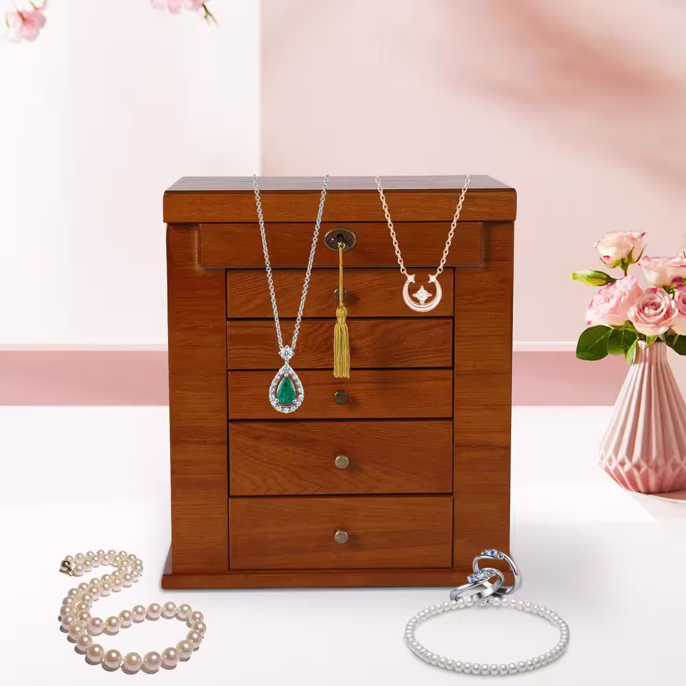 None 6-Tier Retro Rectangular Original Wood Jewellery Box with Drawers and Lock