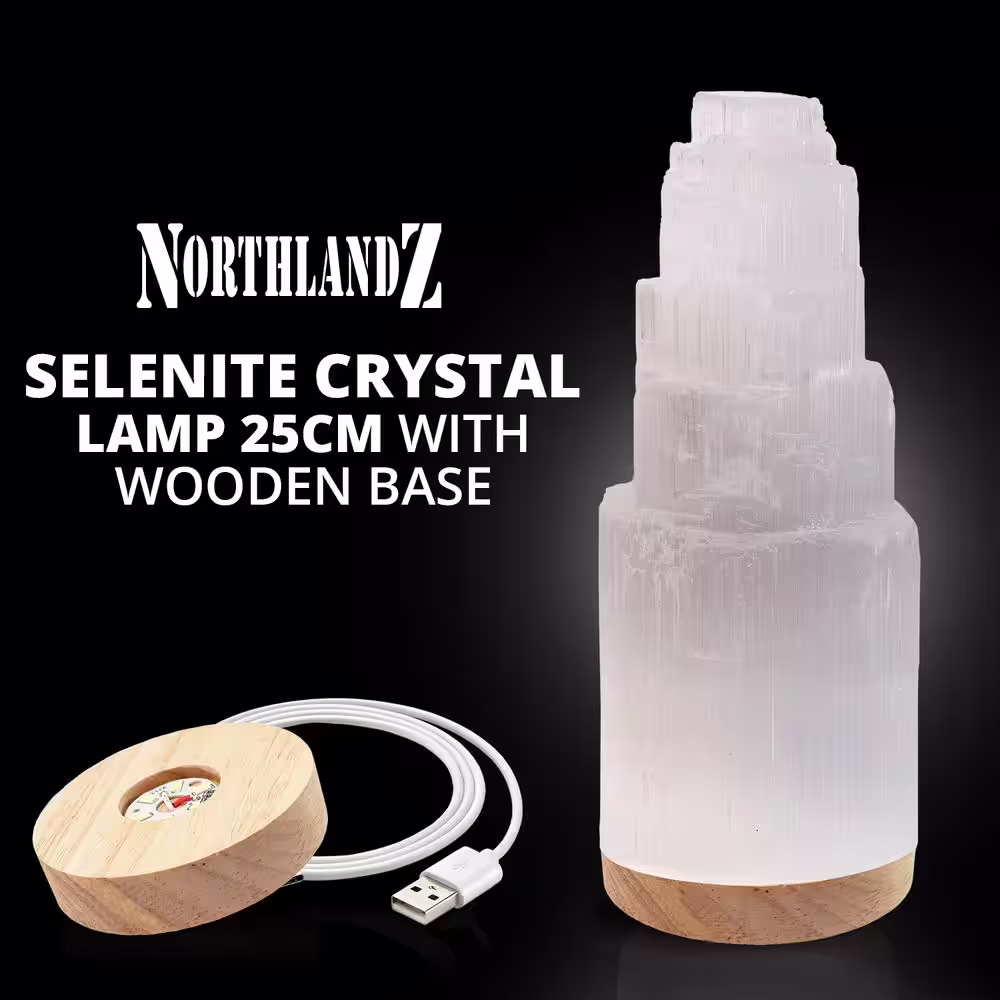 None Selenite Crystal Lamp 25cm, Wooden Base LED Light Moroccan Meditation Tower Lamp Night Light, Healing Crystals, Pack 1