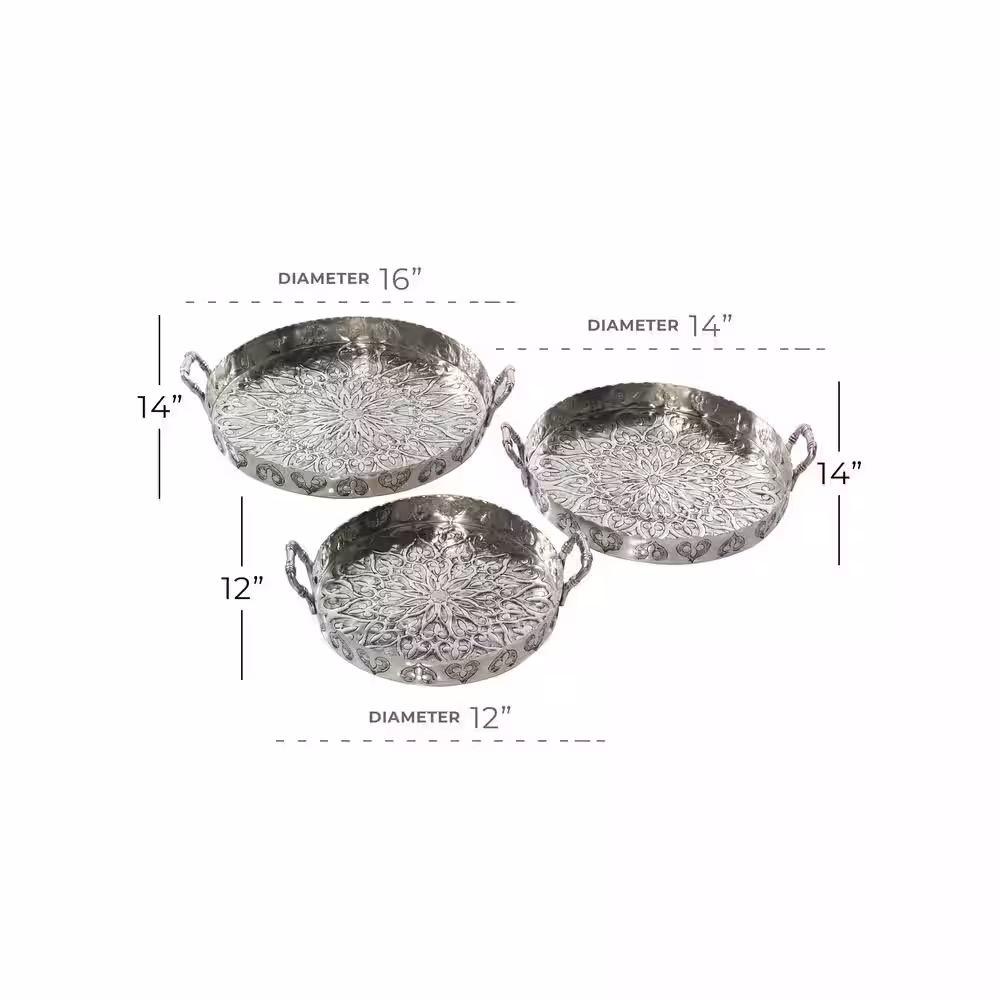 None Silver Aluminum Floral Decorative Tray with Embossed Designs (Set of 3)
