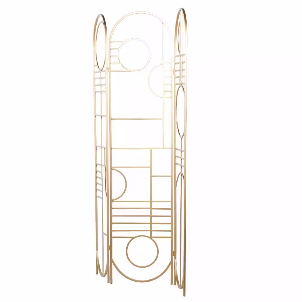 Litton Lane 6 ft. Gold 3 Panel Geometric Hinged Foldable Arched Partition Room Divider Screen