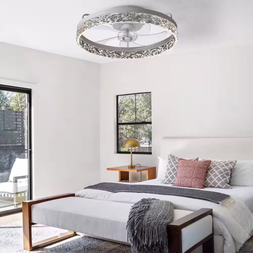 None Lidia 19.68 in Indoor Modern White Crystal Flush Mount Ceiling Fan with Light, White LED Ceiling Fan for Bedroom