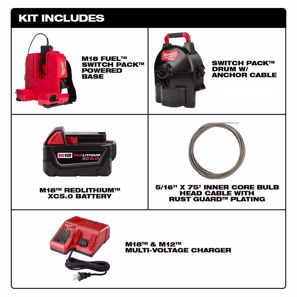 Milwaukee M18 Fuel 18-Volt Lithium-Ion Cordless Drain Cleaning 5/16 in. Switch Pack Sectional Drum Kit with 8.0 Ah Battery