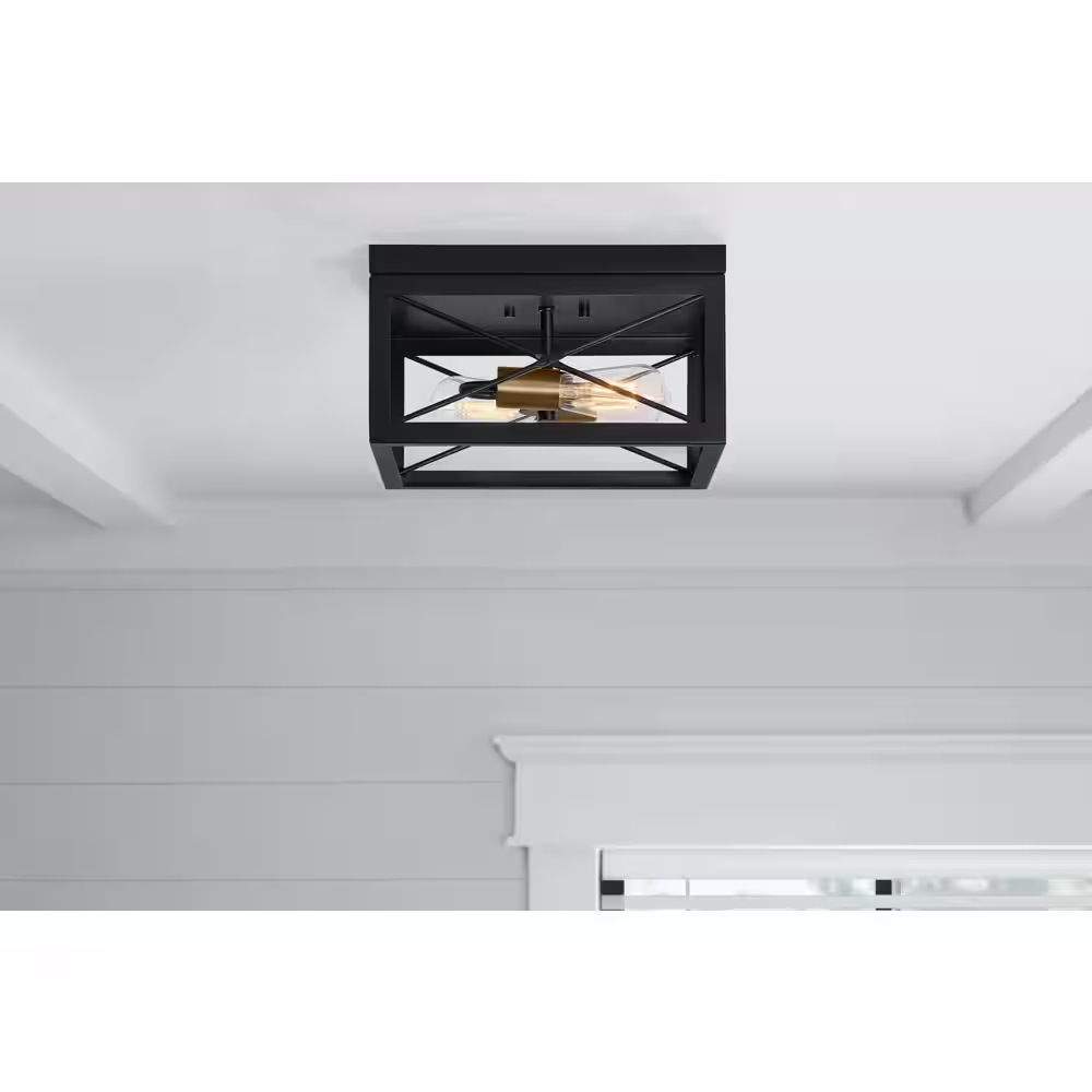 Home Decorators Collection Harwood 12.5 in. 2-Light Matte Black and Old Satin Brass Flush Mount Ceiling Light with Cage Shade