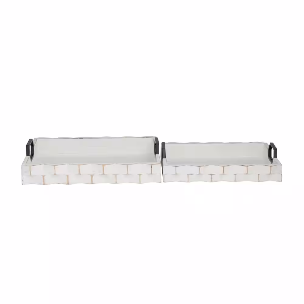 Litton Lane White Wood Decorative Tray with Metal Handles (Set of 2)