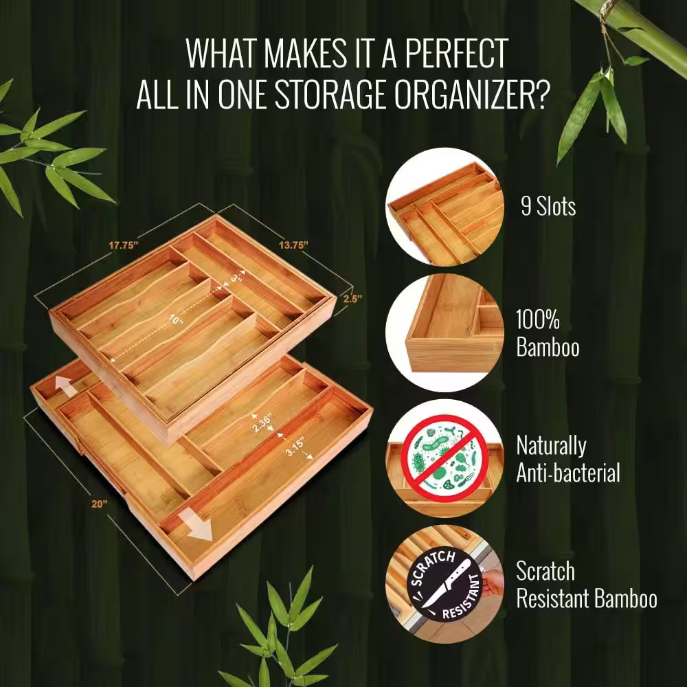 Organizeme 2.5 in. H x 13.5 in. W x 17.5 in. D Bamboo Kitchen Utensil Drawer Organizer Tray