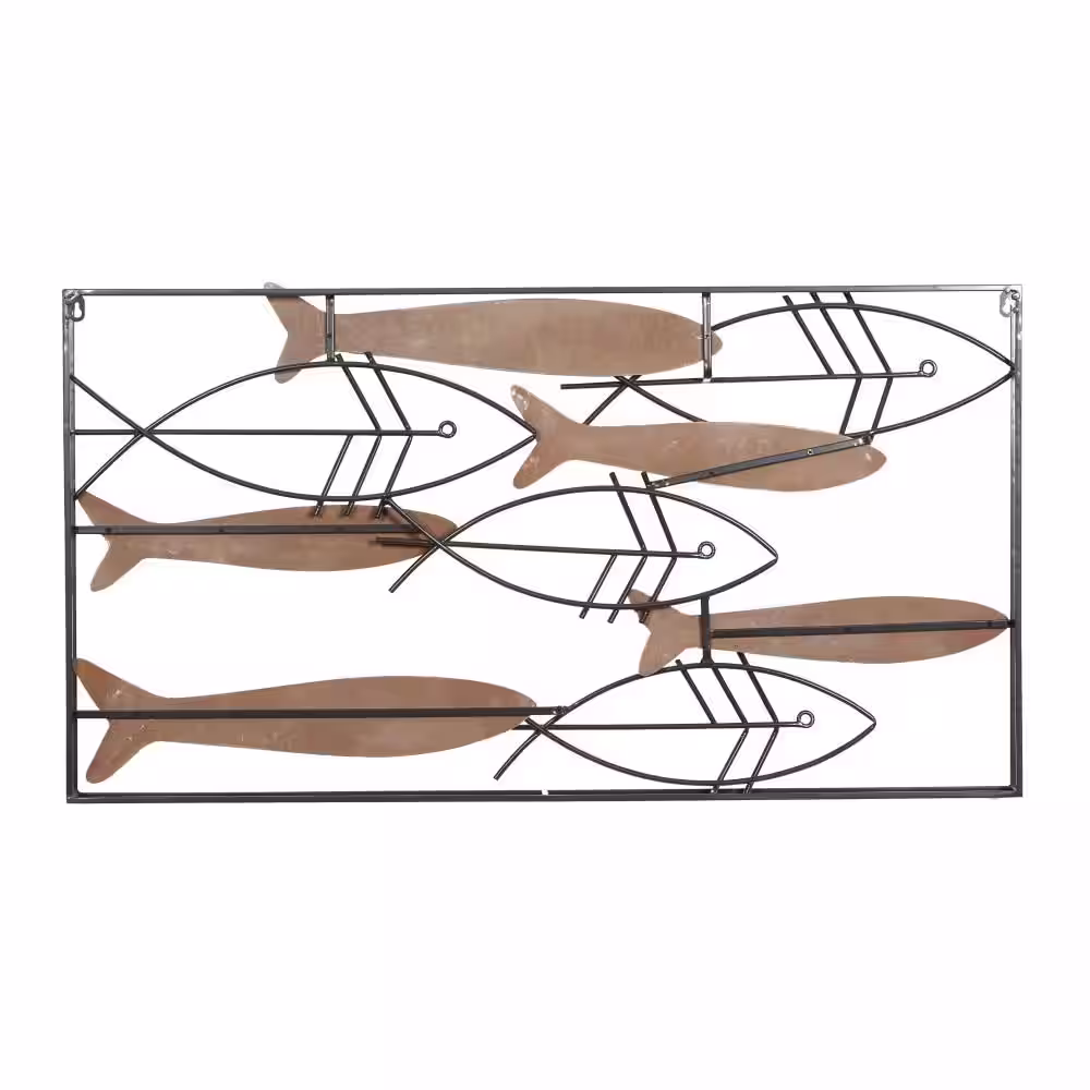 None Metal Brown Striped Fish Wall Decor with Metal Wire Designs