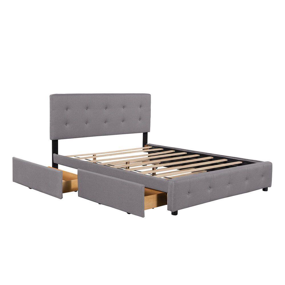 Qualler Light Gray Wood Frame Queen Upholstered Platform Bed with 2-Drawers and 1-Twin XL Trundle