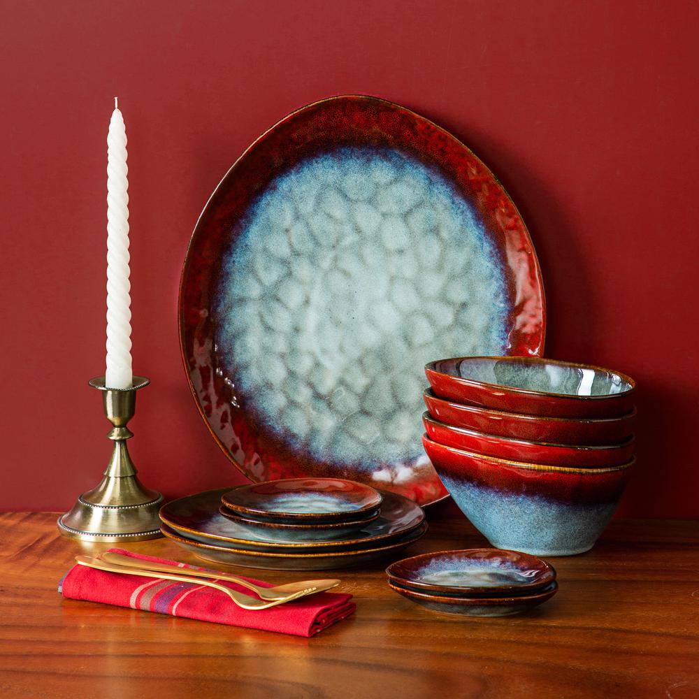 vancasso Starry 11-Piece Red Stoneware Dinnerware Set with 1-Dinner Plate, 2-Derssert Plate, 4-Bowl and 4-Dish (Service for 4)