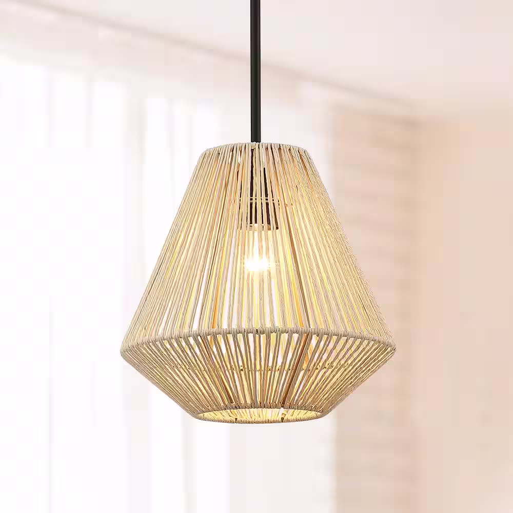 TRUE FINE 1-Light Rattan Single Pendant with Black Canopy