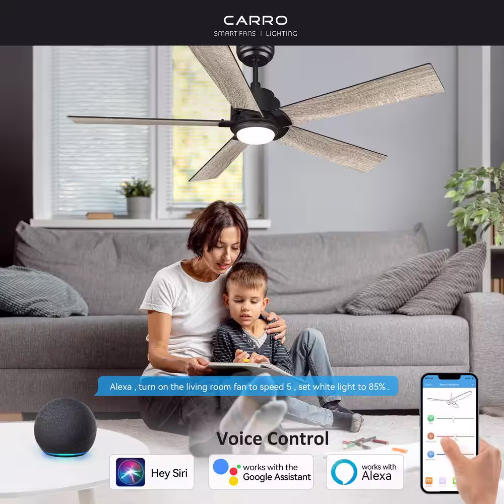 CARRO Aspen 60 in. Dimmable LED Indoor/Outdoor Black Smart Ceiling Fan with Light and Remote, Works with Alexa/Google Home