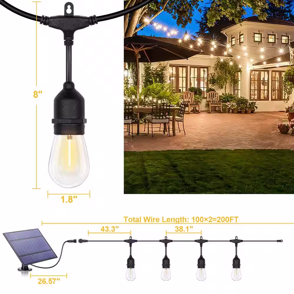 None 30-Light Each 100 ft. Outdoor Solar LED S14 Edison Bulb String-Light with Remote (2-Pack)