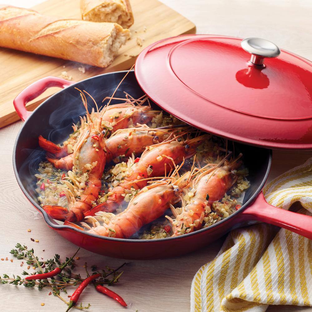 Tramontina Gourmet 12 in. Enameled Cast Iron Skillet in Gradated Red with Lid