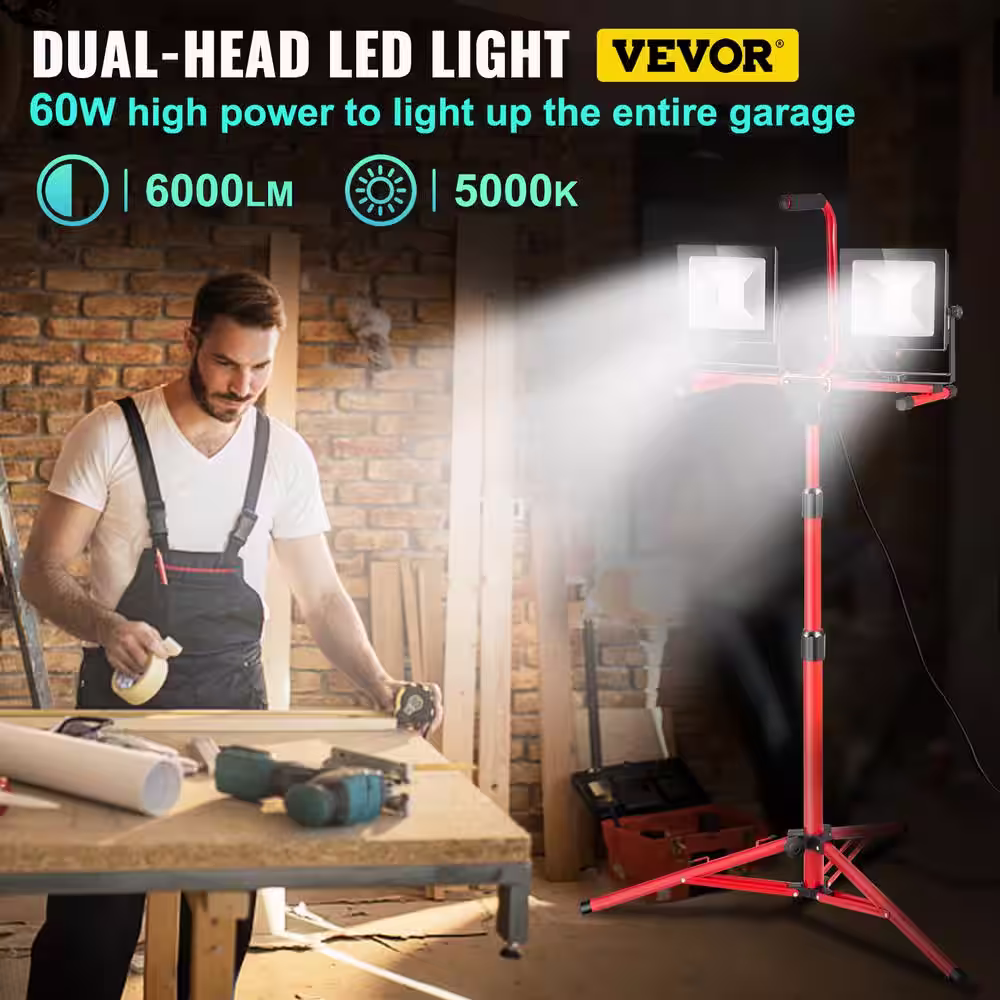 VEVOR Handheld Work Light 6000 Lumens IP65 Waterproofed Dual-head LED Jobsite Lighting with Adjustable Foldable Tripod Stand
