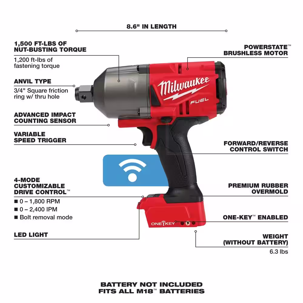 Milwaukee M18 FUEL ONE-KEY 18V Lithium-Ion Brushless Cordless 3/4 in. Impact Wrench w Friction Ring w/5.0 ah Resistant Battery