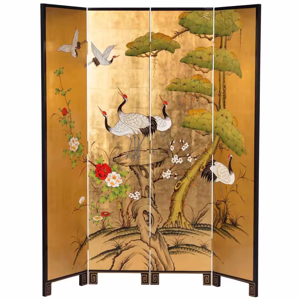 Oriental Furniture 6 ft. Gold 4-Panel Cranes Room Divider