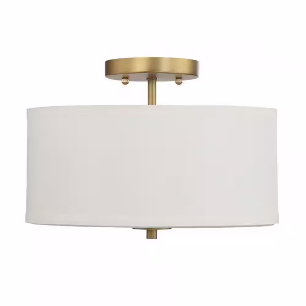 Savoy House Meridian 13 in. W x 10 in. H 2-Light Natural Brass Semi-Flush Mount Ceiling Light with White Fabric Shade