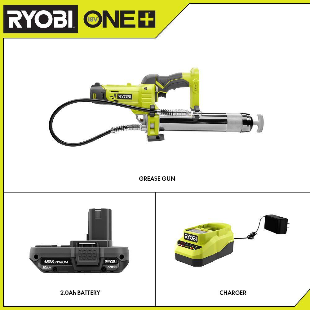 RYOBI ONE+ 18V Cordless Grease Gun with 2.0 Ah Battery and Charger