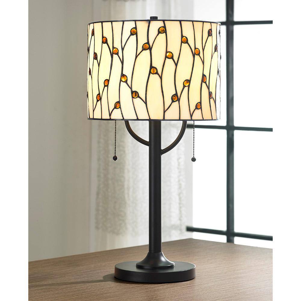 HomeGlam Vin.es 25 in. ORB Finish Tiffany Table Lamp with Warm Natural Shade